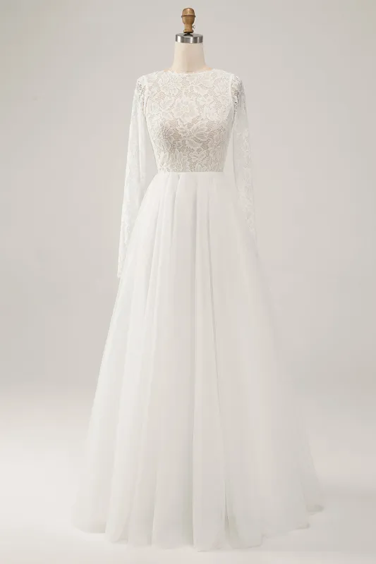 Ivory A-Line Backless Long Sleeves Long Wedding Dress with Lace made by Wedtrend