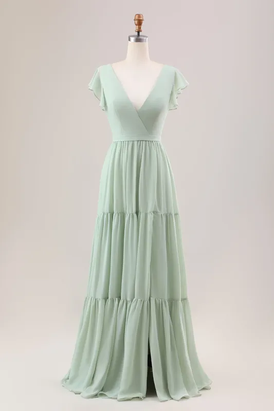 Matcha A Line V Neck Lace-Up Back Long Bridesmaid Dress With Slit sold by Wedtrend