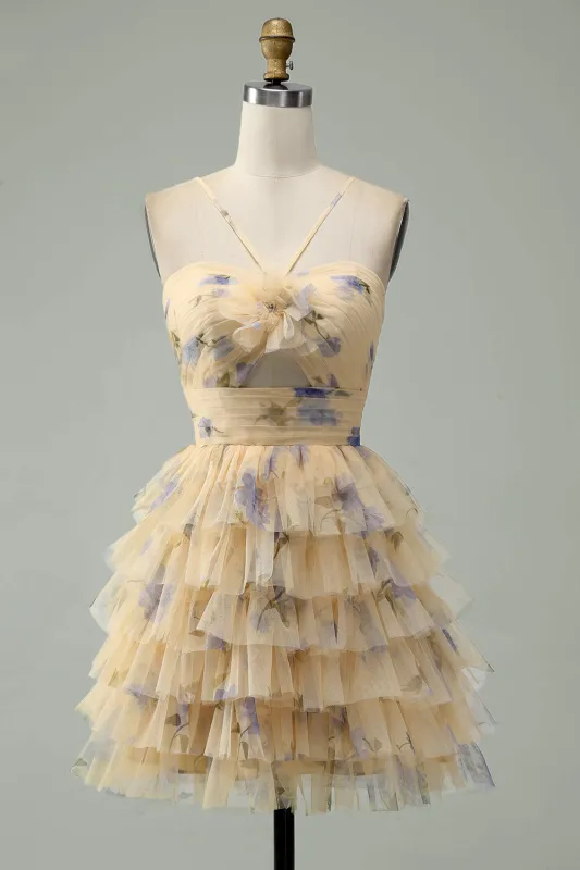Yellow Flower A-Line Halter Tiered Print Short Homecoming Dress made by Wedtrend