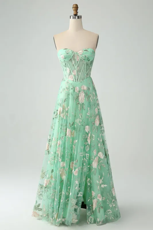 Green A-Line Sweetheart Corset Long Prom Dress with Embroidery made by Wedtrend