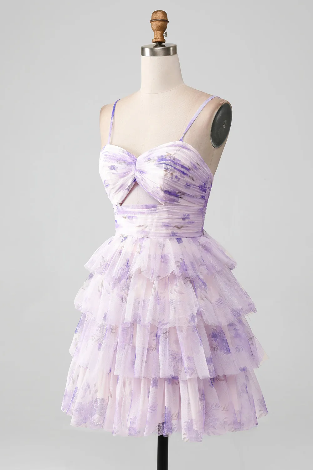 Lavender Flower A-Line Spaghetti Straps Tiered Pleated Short Homecoming Dress sold by Wedtrend product image thumbnail 3
