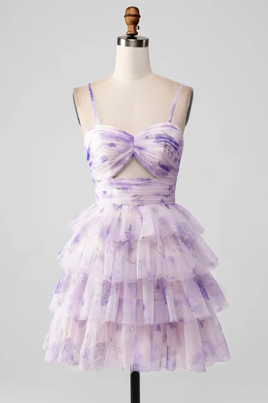 Lavender Flower A-Line Spaghetti Straps Tiered Pleated Short Homecoming Dress sold by Wedtrend