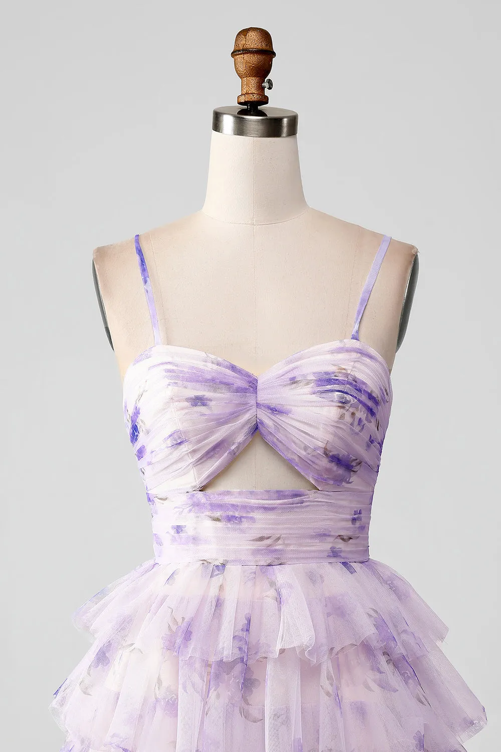 Lavender Flower A-Line Spaghetti Straps Tiered Pleated Short Homecoming Dress sold by Wedtrend product image thumbnail 4