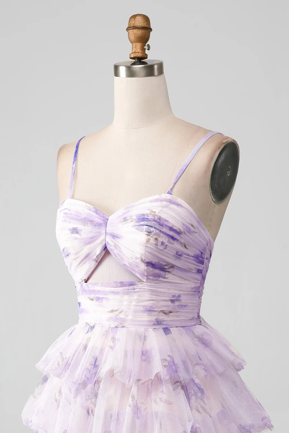 Lavender Flower A-Line Spaghetti Straps Tiered Pleated Short Homecoming Dress sold by Wedtrend product image thumbnail 5