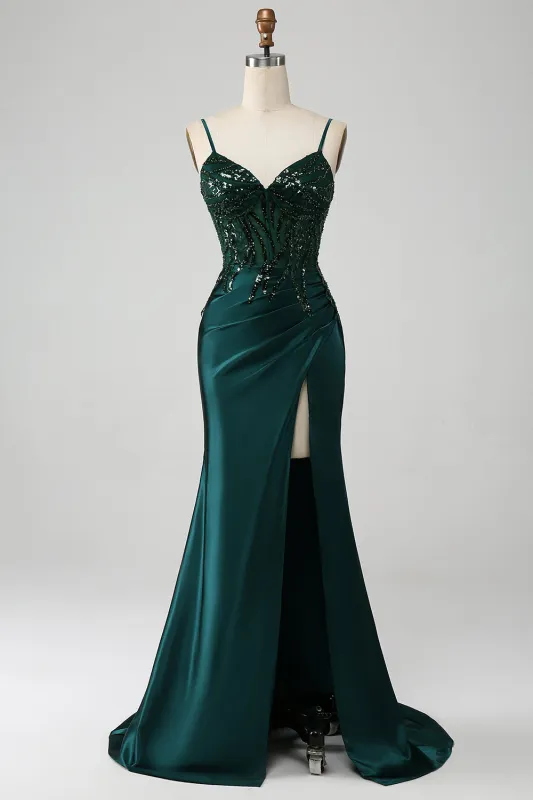 Dark Green Mermaid Spaghetti Straps Pleated Sequin Prom Dress With Slit made by Wedtrend