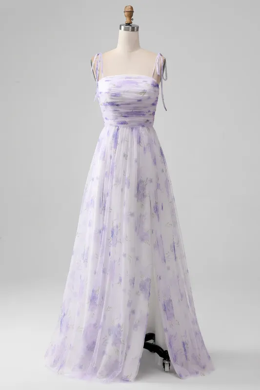 Lavender Flower A-Line Spaghetti Straps Print Long Bridesmaid Dress made by Wedtrend