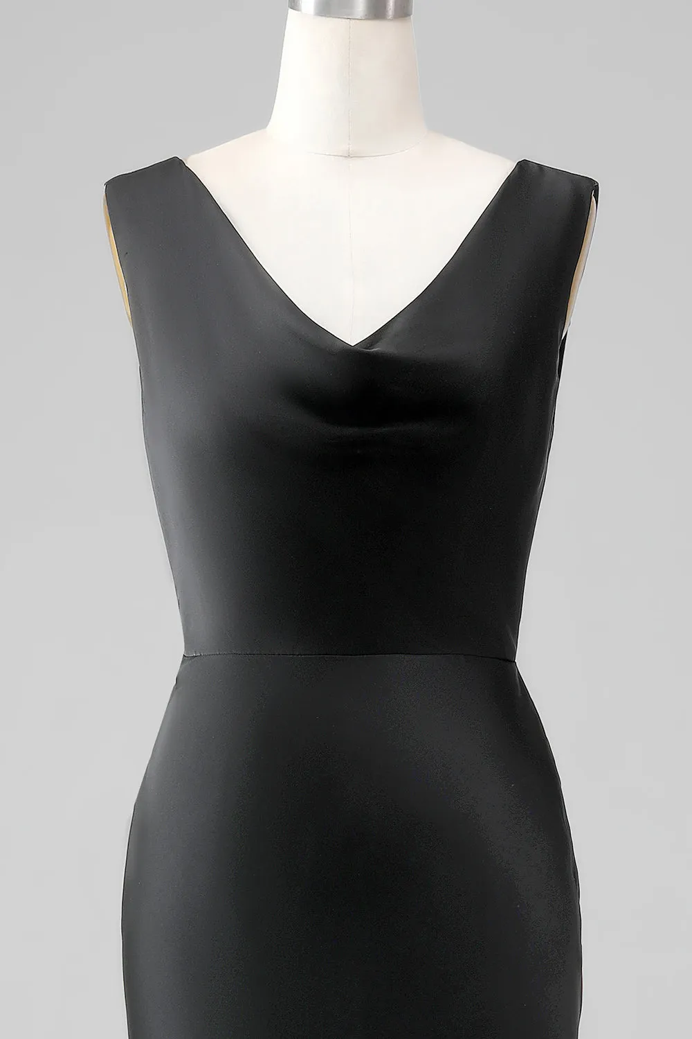 Black Sheath V Neck Sleeveless Floor Length Satin Bridesmaid Dress sold by Wedtrend product image thumbnail 4