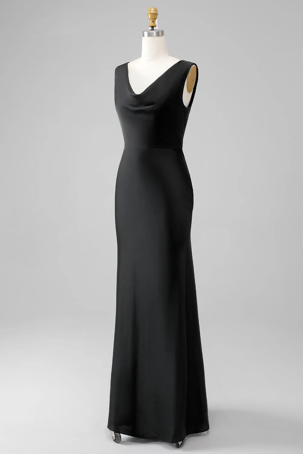 Black Sheath V Neck Sleeveless Floor Length Satin Bridesmaid Dress sold by Wedtrend product image thumbnail 3