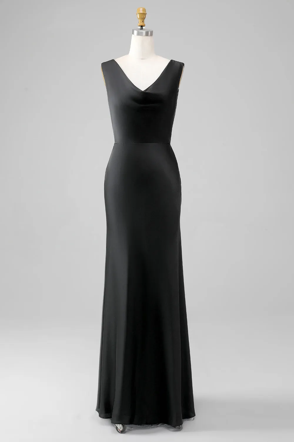 Black Sheath V Neck Sleeveless Floor Length Satin Bridesmaid Dress sold by Wedtrend