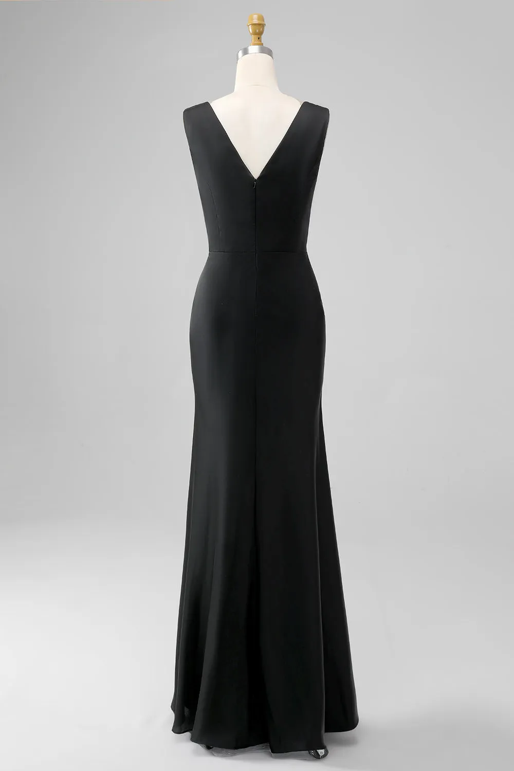 Black Sheath V Neck Sleeveless Floor Length Satin Bridesmaid Dress sold by Wedtrend product image thumbnail 2