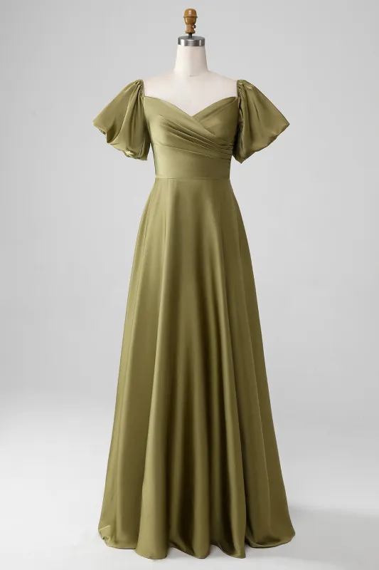 Olive A-Line Off The Shoulder Long Bridesmaid Dress with Short Sleeves sold by Wedtrend