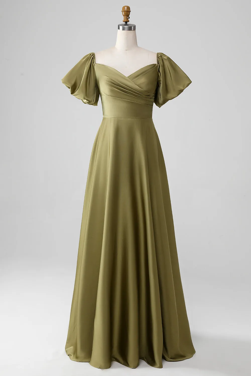 Olive A-Line Off The Shoulder Long Bridesmaid Dress with Short Sleeves sold by Wedtrend