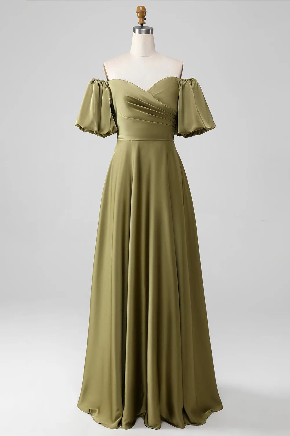 Olive A-Line Off The Shoulder Long Bridesmaid Dress with Short Sleeves sold by Wedtrend product image thumbnail 3