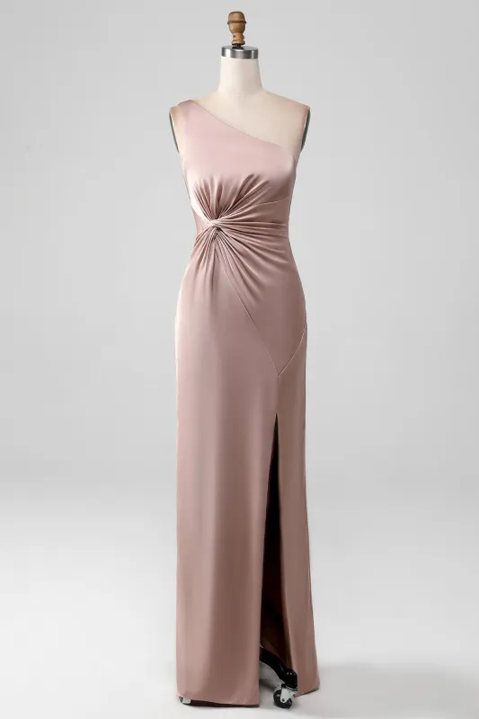 Dusty Rose Mermaid One Shoulder Pleated Satin Bridesmaid Dress With Slit made by Wedtrend