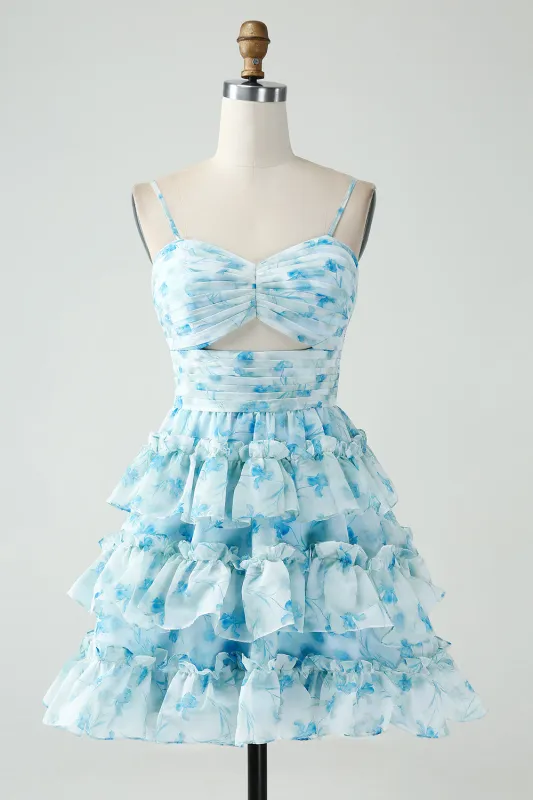 Blue Flower A-Line Tiered Pleated Short Homecoming Dress sold by Wedtrend