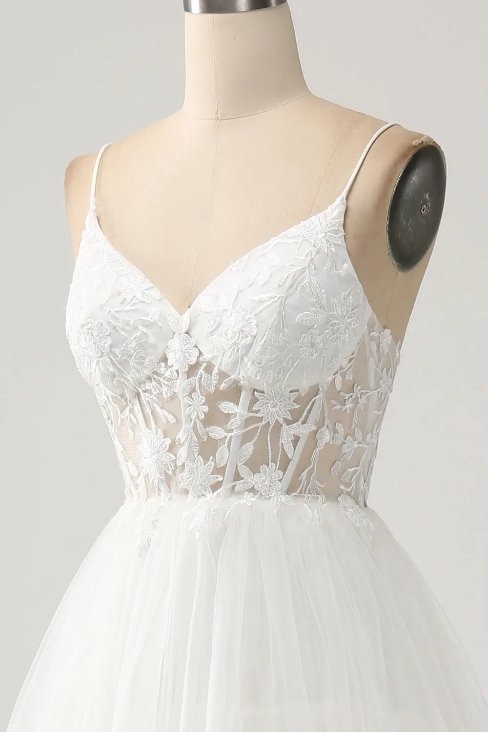 Ivory A-Line Spaghetti Straps Tulle Corset Tiered Wedding Dress With Appliques sold by Wedtrend product image thumbnail 5