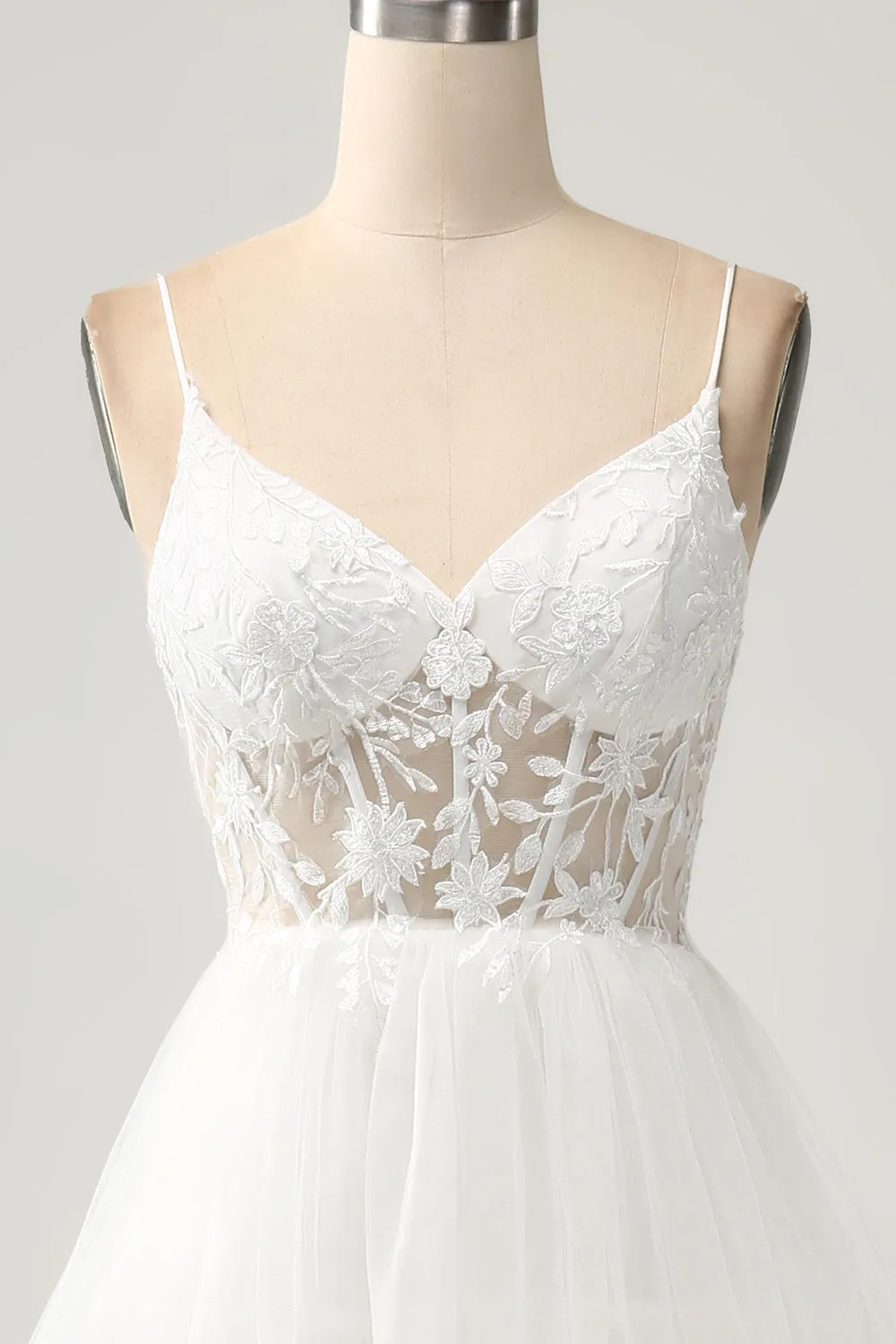 Ivory A-Line Spaghetti Straps Tulle Corset Tiered Wedding Dress With Appliques sold by Wedtrend product image thumbnail 4