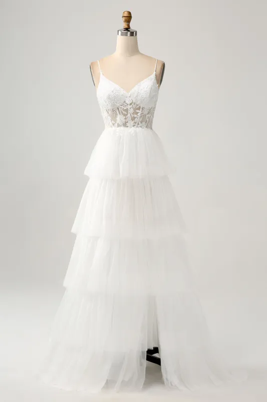 Ivory A-Line Spaghetti Straps Tulle Corset Tiered Wedding Dress With Appliques made by Wedtrend