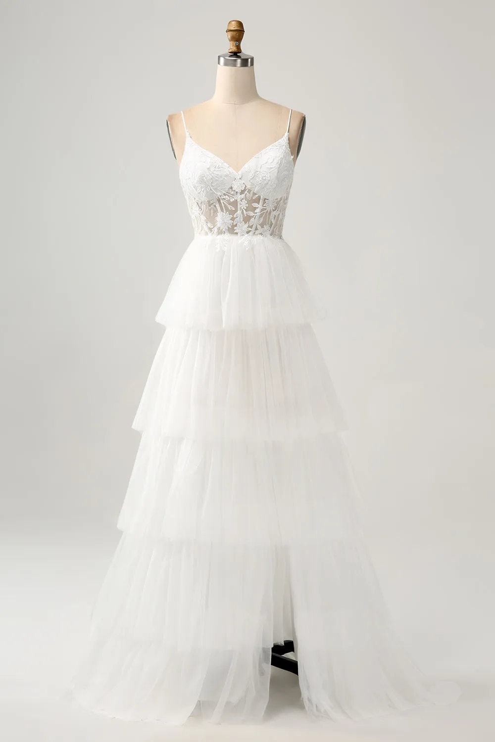 Ivory A-Line Spaghetti Straps Tulle Corset Tiered Wedding Dress With Appliques sold by Wedtrend