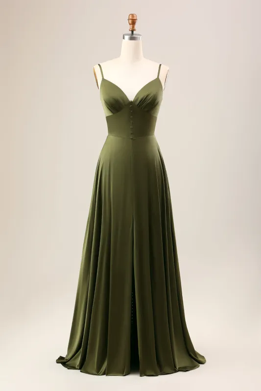 A-Line Spaghetti Straps Long Olive Bridesmaid Dress With Slit sold by Wedtrend