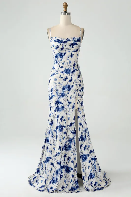 Blue Flower Mermaid Floral Print Backless Long Bridesmaid Dress With Slit made by Wedtrend