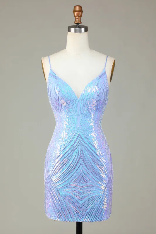 Sparkly Blue Sheath Spaghetti Straps Backless Sequins Short Homecoming Dress made by Wedtrend