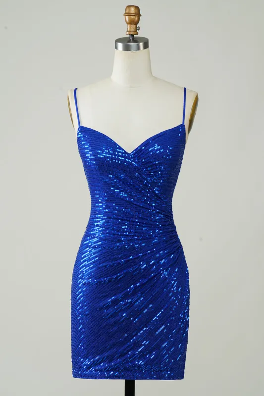 Sparkly Royal Blue Bodycon Spaghetti Straps Sequins Short Homecoming Dress made by Wedtrend