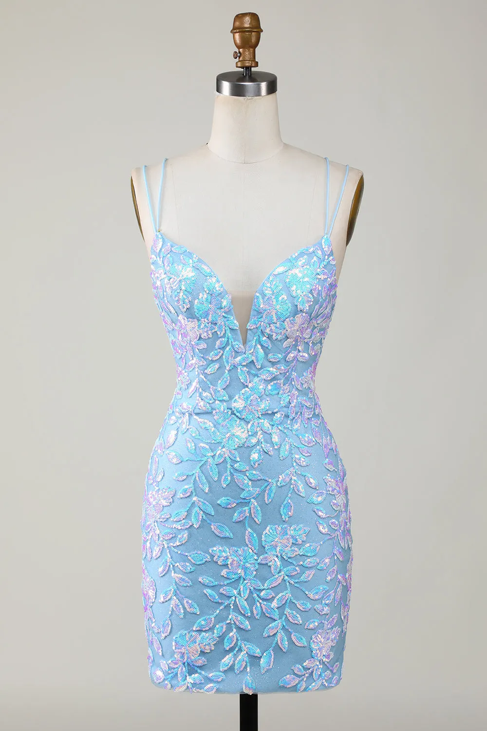 Blue Sheath Spaghetti Straps Short Homecoming Dress With Aqqliques sold by Wedtrend