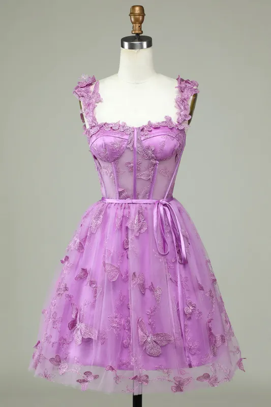 Cute Purple A Line Corset Short Homecoming Dress with Appliques made by Wedtrend