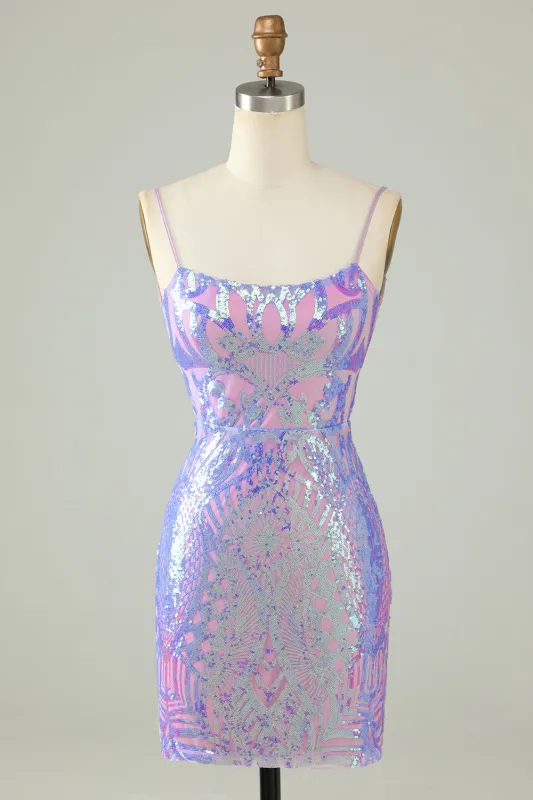 Sparkly Purple Sheath Sequin Backless Tight Short Homecoming Dress sold by Wedtrend