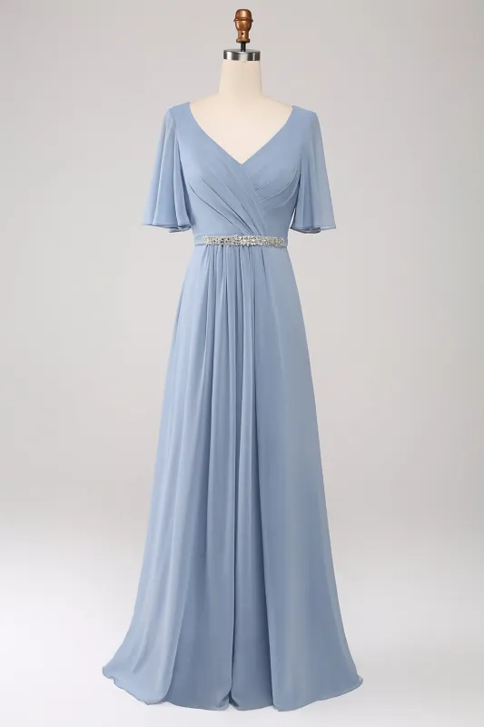 A Line V Neck Chiffon Floor Length Dusty Blue Bridesmaid Dress With Short Sleeves sold by Wedtrend