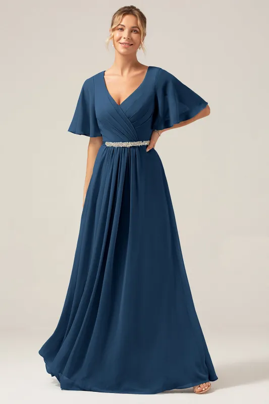 Navy A Line V Neck Chiffon Mother of the Bride Dress With Short Sleeves sold by Wedtrend