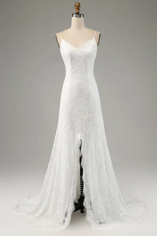 Ivory Mermaid Spaghetti Straps Long Wedding Dress with Slit made by Wedtrend