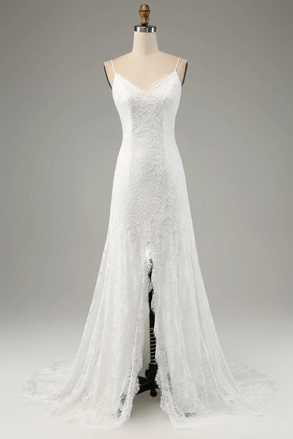 Ivory Mermaid Spaghetti Straps Long Wedding Dress with Slit sold by Wedtrend