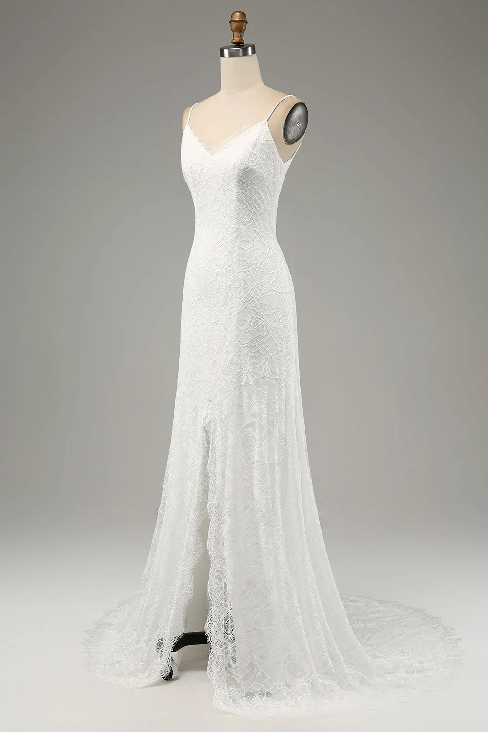 Ivory Mermaid Spaghetti Straps Long Wedding Dress with Slit sold by Wedtrend product image thumbnail 3
