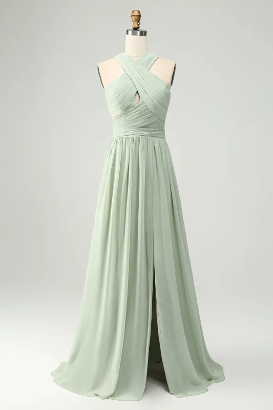 Dusty Sage A Line Halter Pleated Long Maternity Bridesmaid Dress with Slit sold by Wedtrend