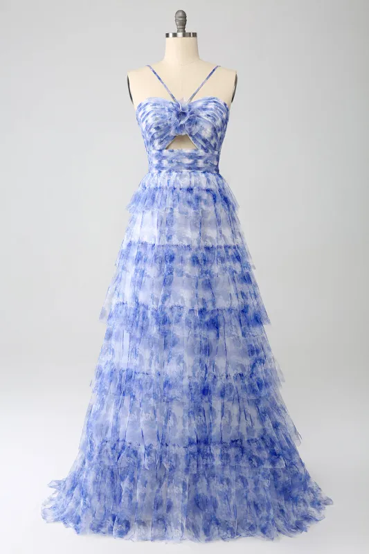 Blue Flower A-Line Halter Floral Print Tiered Long Prom Dress made by Wedtrend