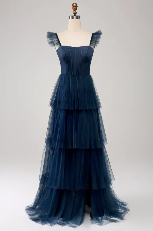 A Line Spaghetti Straps Tiered Tulle Long Navy Bridesmaid Dress With Slit made by Wedtrend