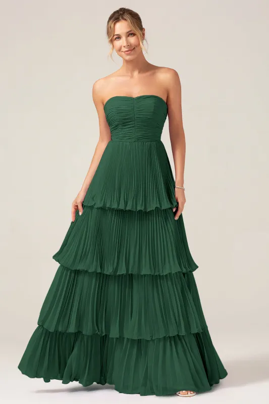 A-Line Sweetheart Tiered Maxi Chiffon Dark Green Bridesmaid Dress sold by Wedtrend