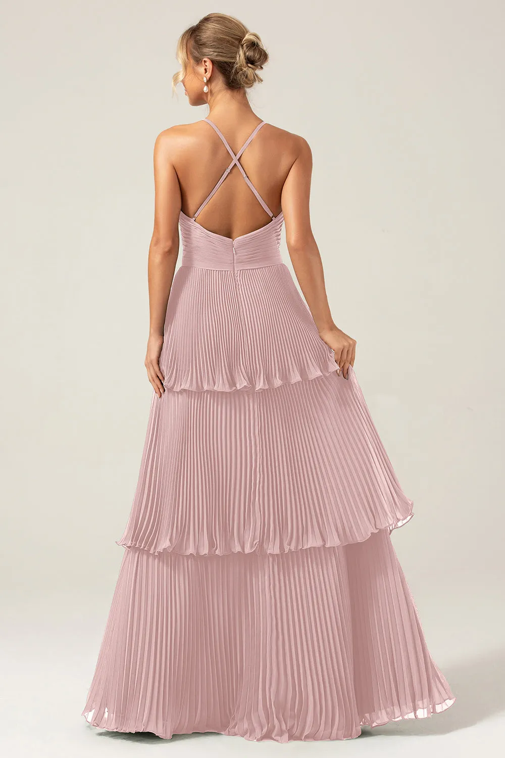 Dusty Rose A-Line Halter Tiered Floor Length Chiffon Long Bridesmaid Dress sold by Wedtrend product image thumbnail 2