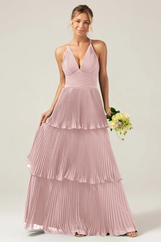 Dusty Rose A-Line Halter Tiered Floor Length Chiffon Long Bridesmaid Dress sold by Wedtrend