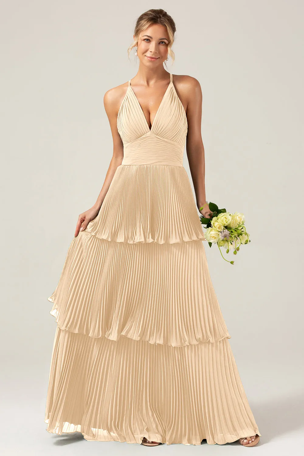 Dusty Rose A-Line Halter Tiered Floor Length Chiffon Long Bridesmaid Dress sold by Wedtrend product image thumbnail 5