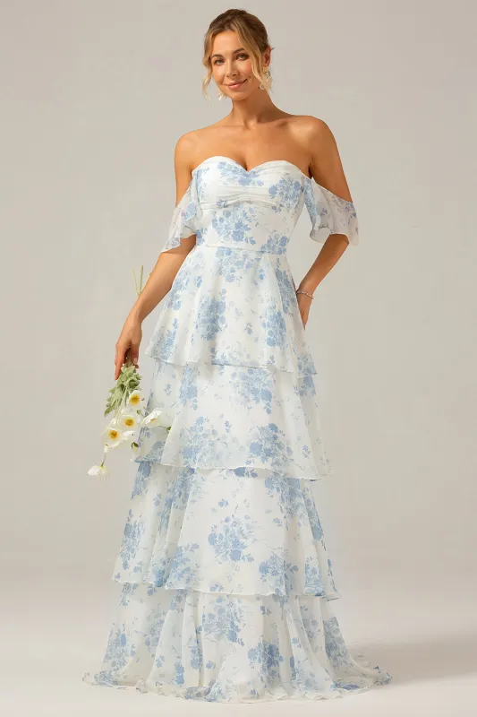 White Blue Floral A-Line Off The Shoulder Tiered Print Bridesmaid Dress sold by Wedtrend