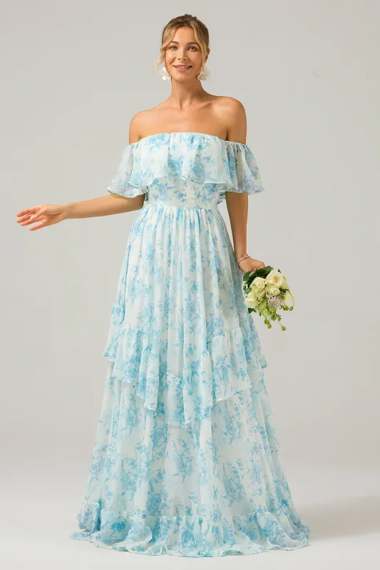 White Blue Floral A Line Off The Shoulder Tiered Maxi Dress sold by Wedtrend