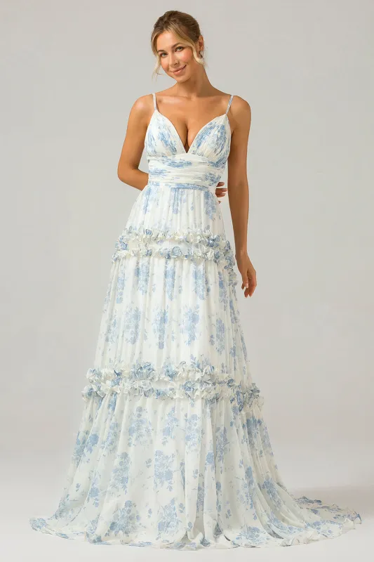White Blue Flower A-Line Spaghetti Straps Backless Floral Bridesmaid Dress sold by Wedtrend