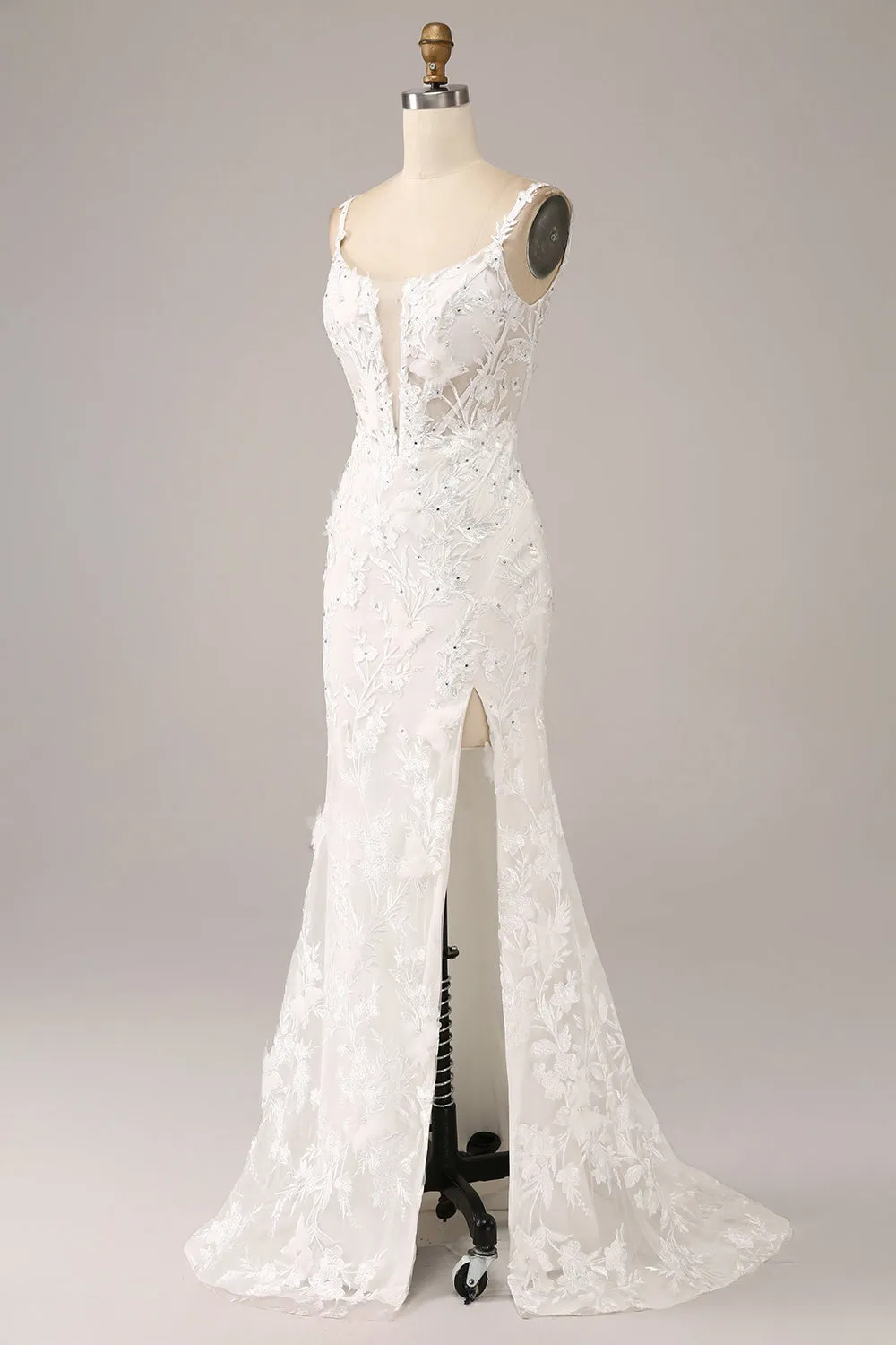Ivory Mermaid Spaghetti Straps Long Corset Wedding Dress with Appliques sold by Wedtrend product image thumbnail 3