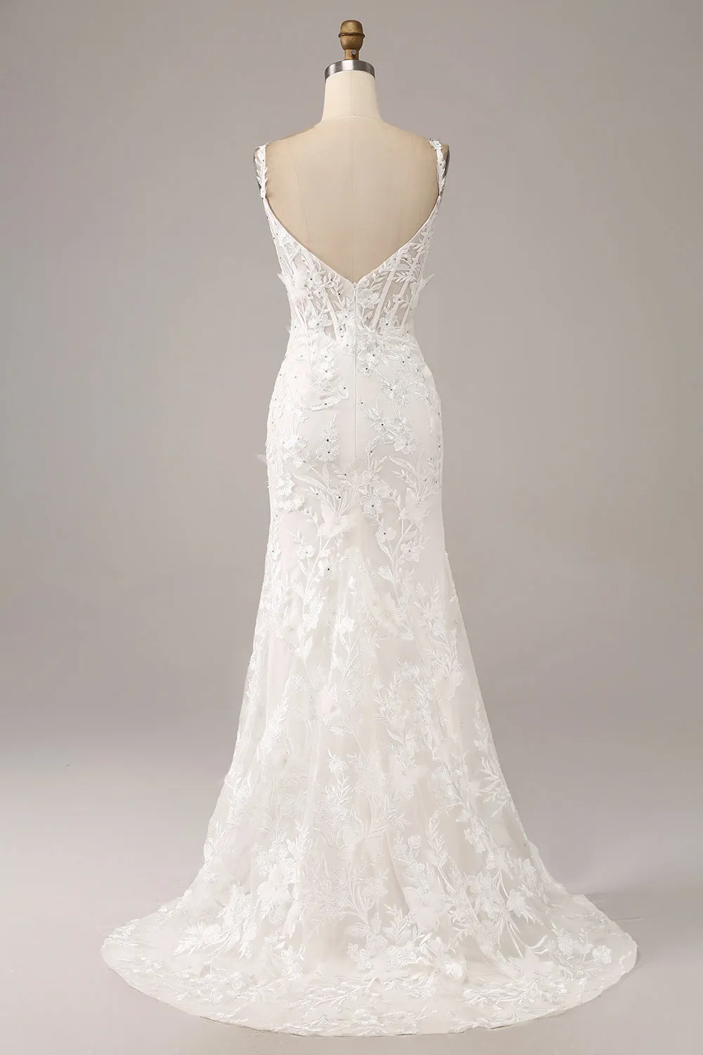Ivory Mermaid Spaghetti Straps Long Corset Wedding Dress with Appliques sold by Wedtrend product image thumbnail 2