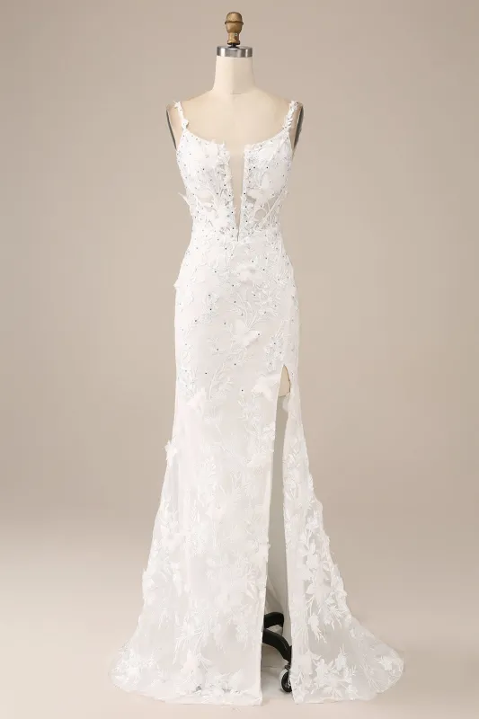 Ivory Mermaid Spaghetti Straps Long Corset Wedding Dress with Appliques made by Wedtrend