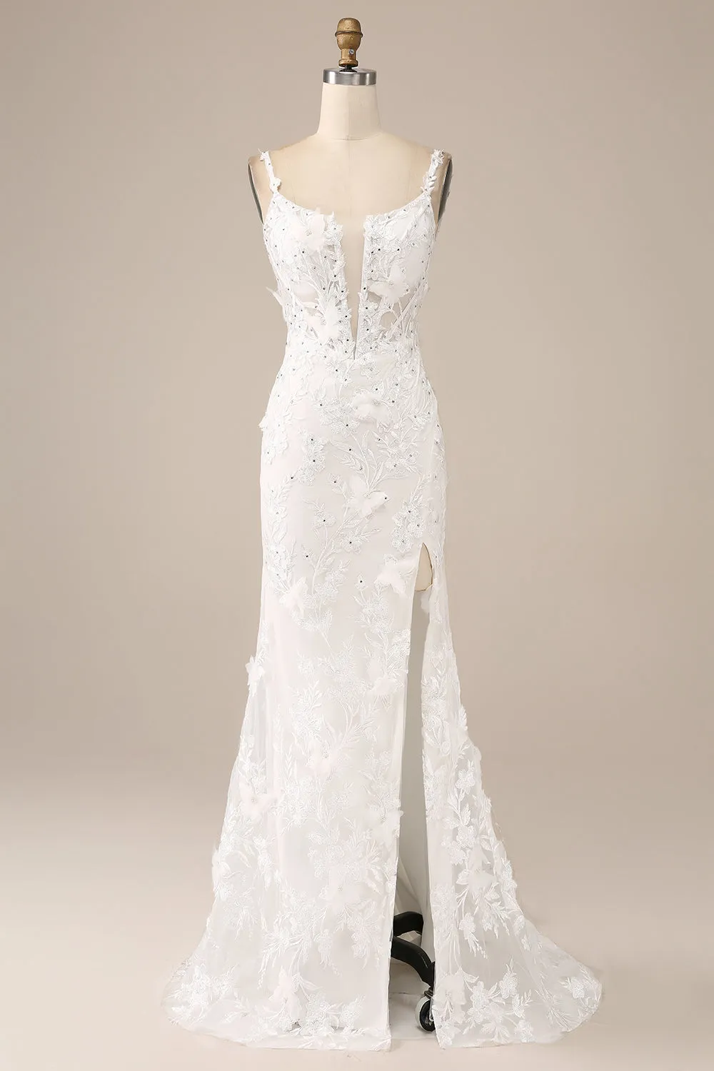 Ivory Mermaid Spaghetti Straps Long Corset Wedding Dress with Appliques sold by Wedtrend