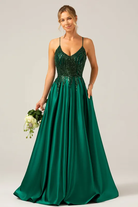 Sparkly Dark Green A-Line Spaghetti Straps Sequin Long Prom Dress made by Wedtrend